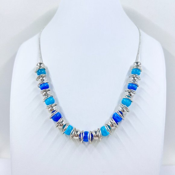 NWOT - Blue & Turquoise Cats Eye Beaded Shiny Silver Tone 16” Necklace - Picture 2 of 6
